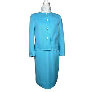 Vintage 60s Butte Knit Size XS 3 Piece Blue Dress Suit Jacket Top Skirt Mod MCM